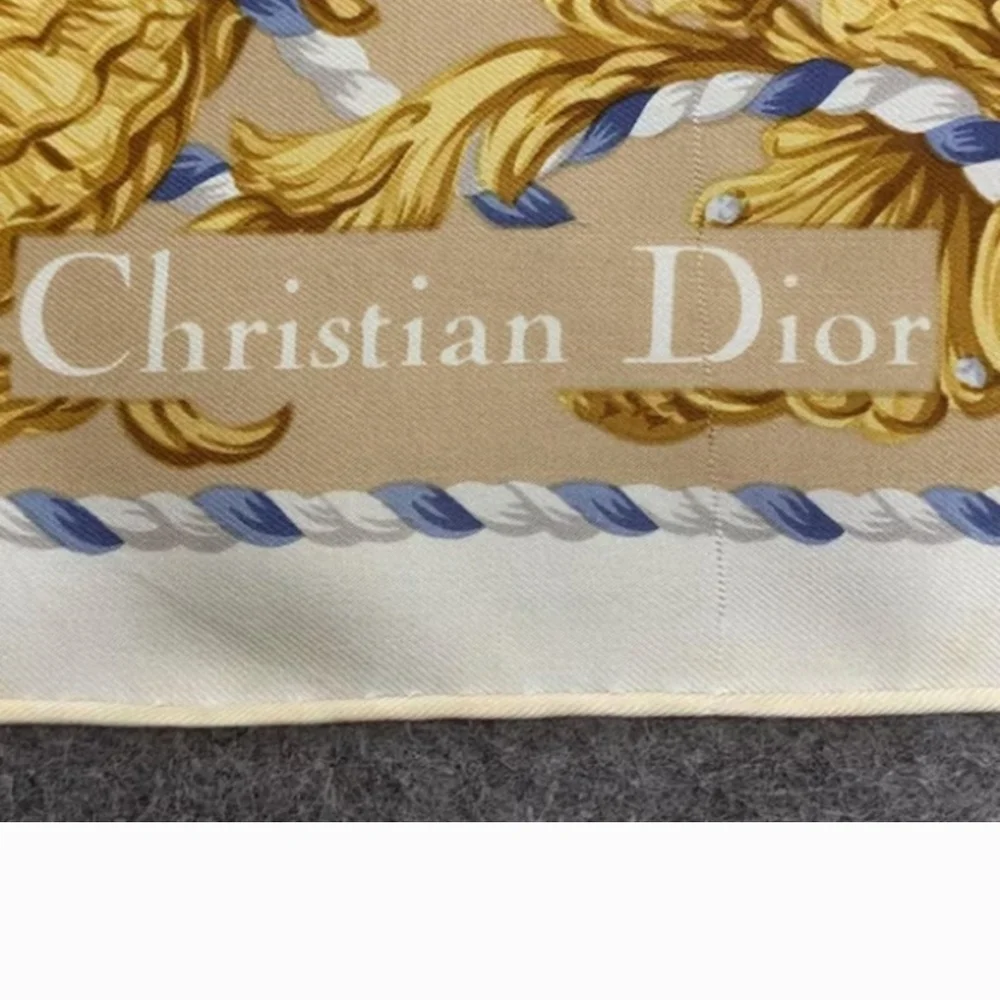 Vintage Christian Dior Beige Blue and Gold Silk Scarf